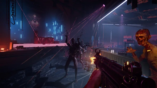 Red-lit combat in a narrow Labyrinth chamber with the Genesis Configuration active in Clive Barker's Hellraiser: Revival.