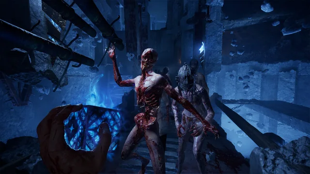 A Cenobite lunging at the player through a dark Labyrinth passage in Clive Barker's Hellraiser: Revival.