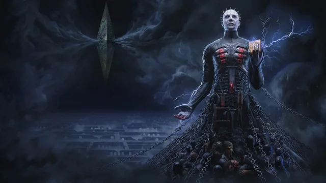 Promotional key art for Clive Barker's Hellraiser: Revival showing Pinhead holding a golden puzzle box above the Labyrinth steps.