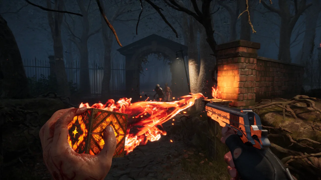 A first-person Hellraiser: Revival promotional screenshot with a fiery Genesis Configuration and a handgun outside stone gates.