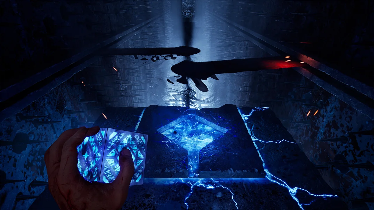 A first-person Hellraiser: Revival promotional screenshot showing a glowing blue puzzle box, suspended blades and a lit path through the Labyrinth.
