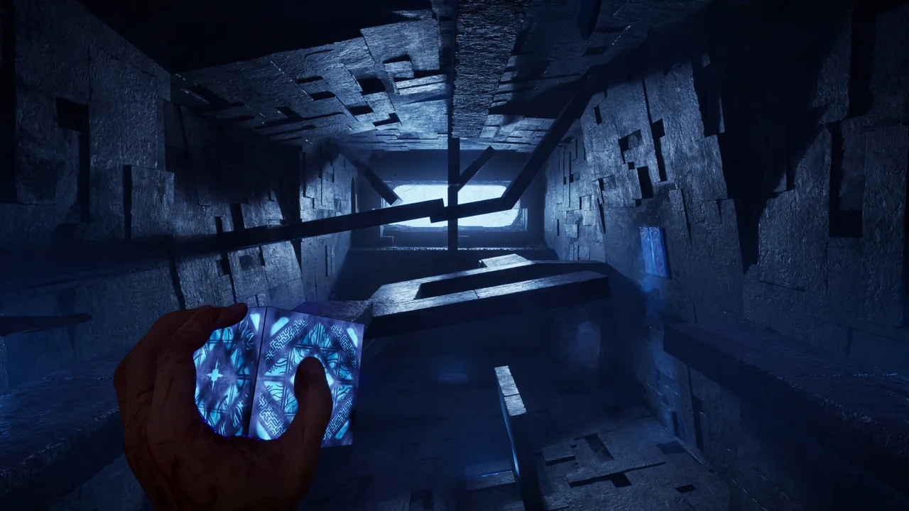 Hellraiser: Revival promotional gameplay image showing a glowing blue puzzle box facing a broken staircase in the Labyrinth.